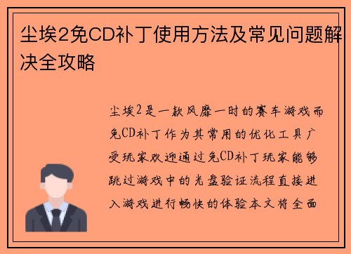尘埃2免CD补丁使用方法及常见问题解决全攻略